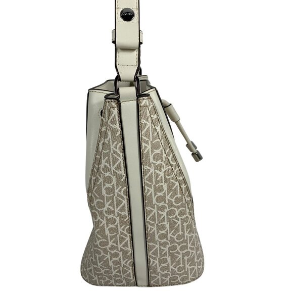 CALVIN KLEIN Taupe/Bone White CK Signature Logo Drawstring Bucket Shoulder Bag - Picture 9 of 14